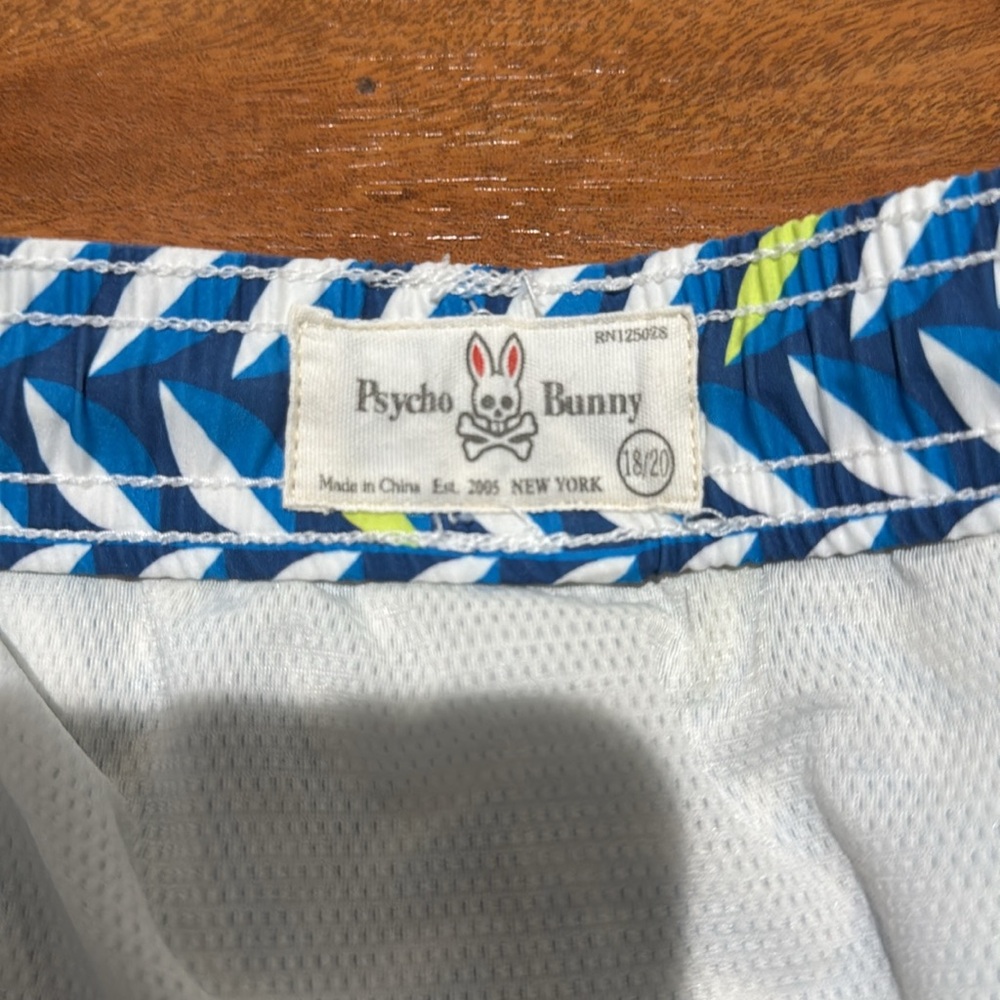 Psycho Bunny Kids Swim Trunks with Blue and Green Pattern - Picture 2 of 8